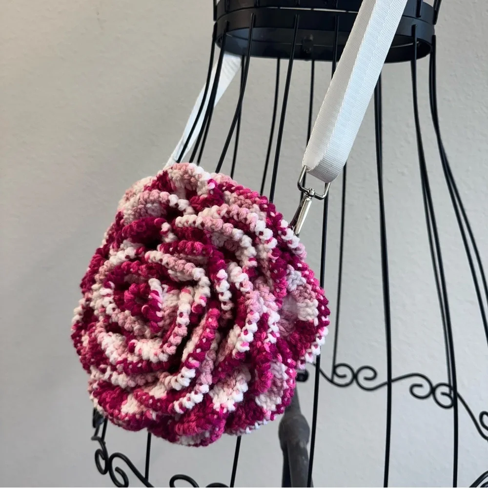 Pink & White Hand Crocheted Rose Purse